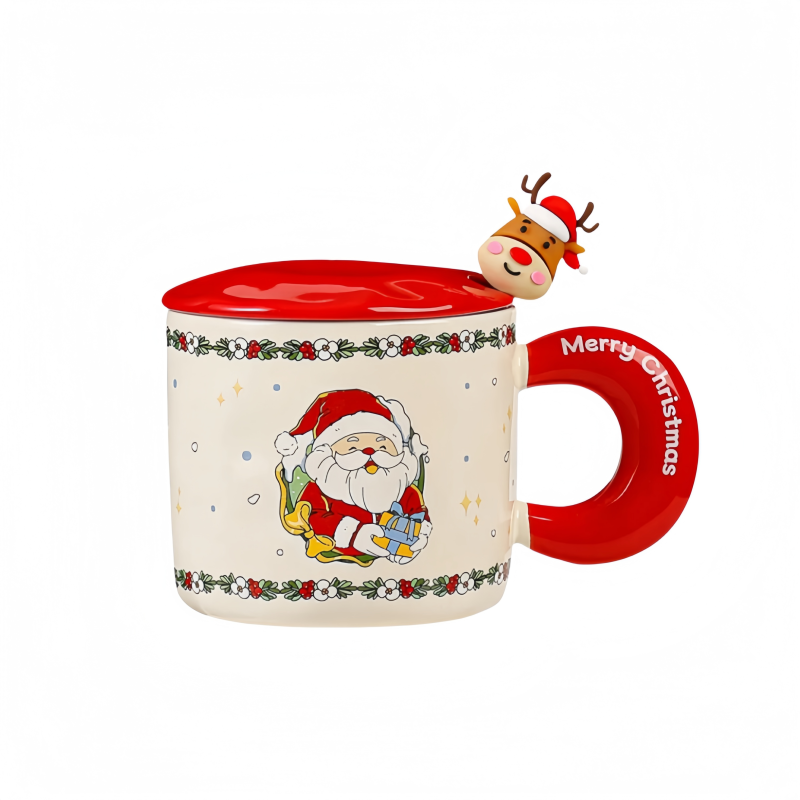 Modern Design Christmas Mug Ceramic 2025 New Mug with Lid and Spoon Santa Mug Christmas Gift