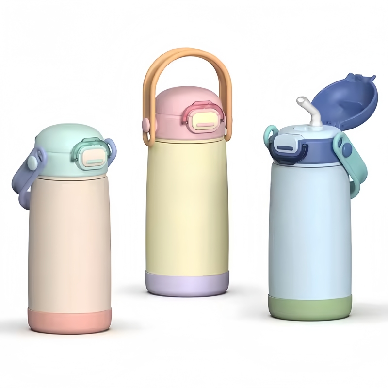 New Color Contrast Straw Children's Thermos Cup Customized 304 Stainless Steel Handle Bounce Cover Children's Water Cup