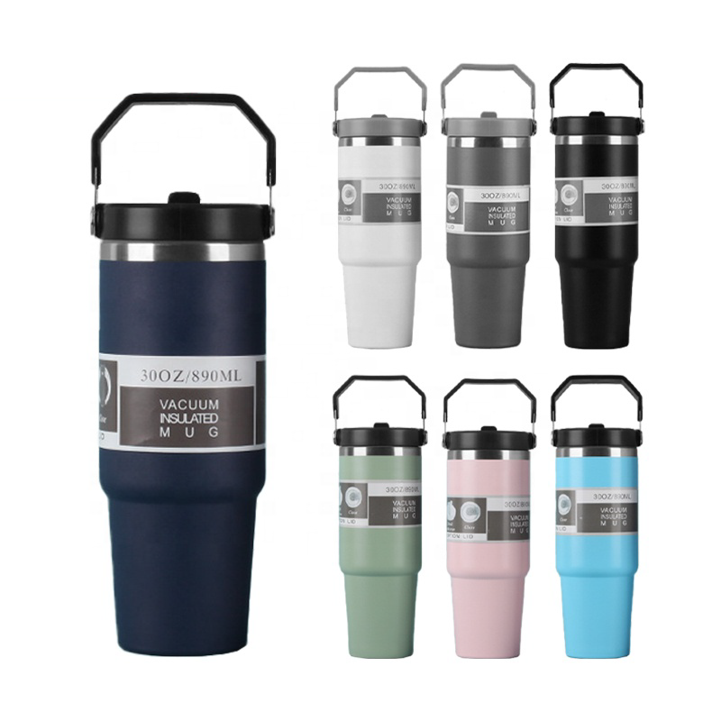 Portable 20oz 30oz Outdoor Leakproof Stainless Steel Flip Straw Insulated Travel Coffee Cup Tumbler with Handle