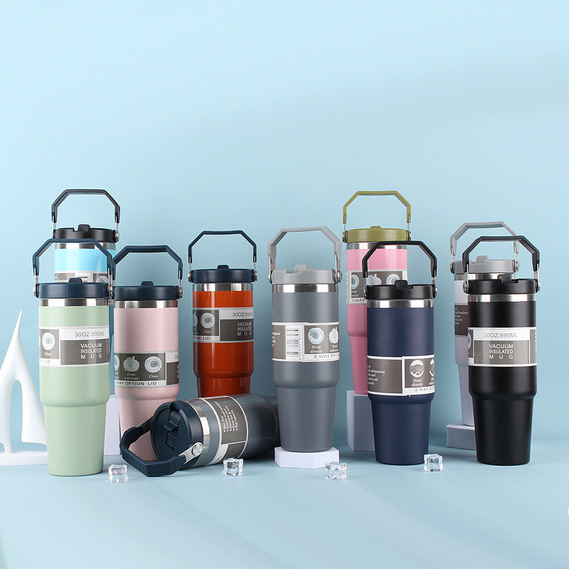 Portable 20oz 30oz Outdoor Leakproof Stainless Steel Flip Straw Insulated Travel Coffee Cup Tumbler with Handle