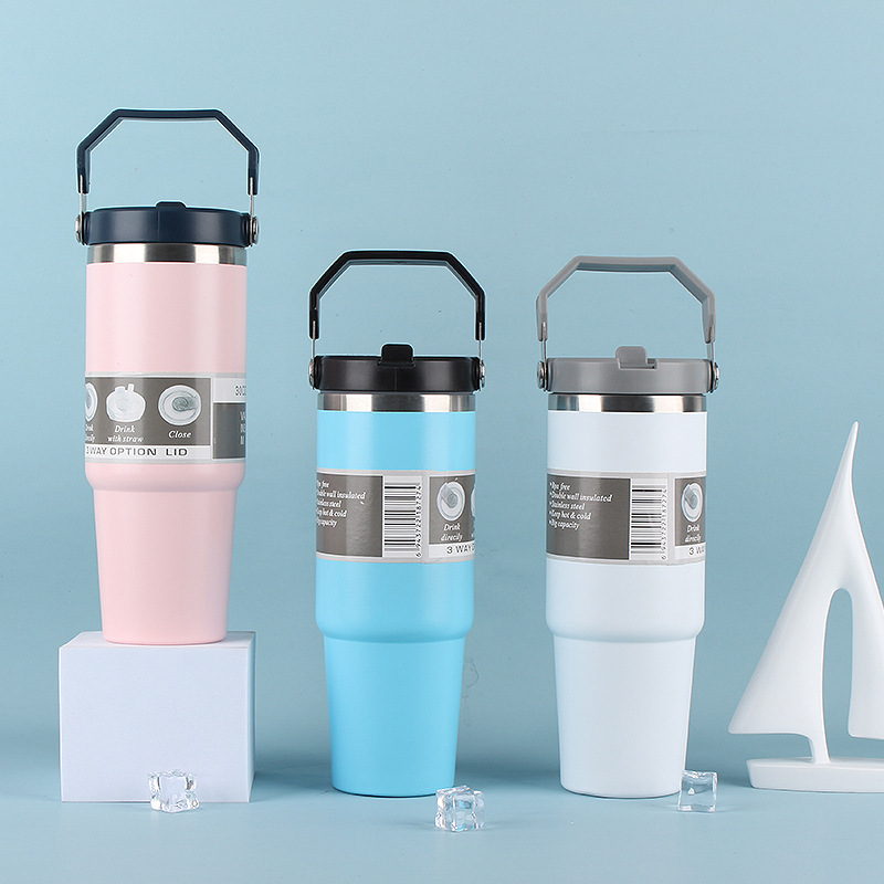 Portable 20oz 30oz Outdoor Leakproof Stainless Steel Flip Straw Insulated Travel Coffee Cup Tumbler with Handle