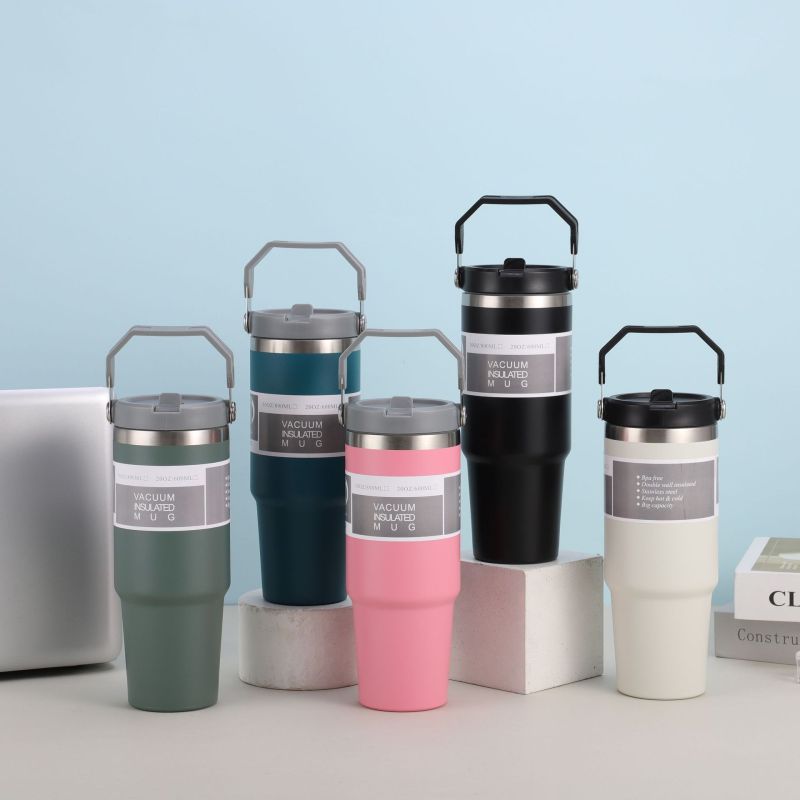 Portable 20oz 30oz Outdoor Leakproof Stainless Steel Flip Straw Insulated Travel Coffee Cup Tumbler with Handle