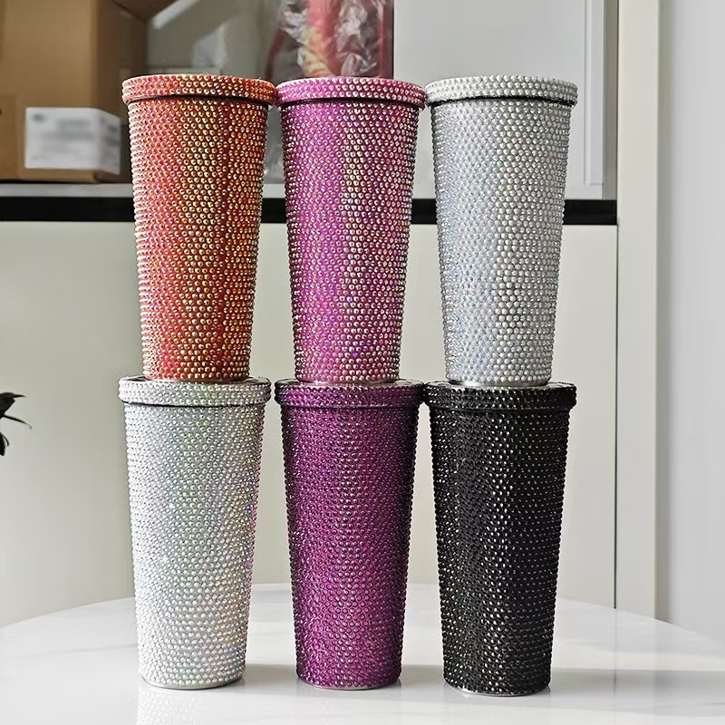 Bling 500ml & 750ml Tumbler Double Wall Insulated Stainless Steel Travel Mug with Lid Straw Vacuum Rhinestone Tumbler for Coffee