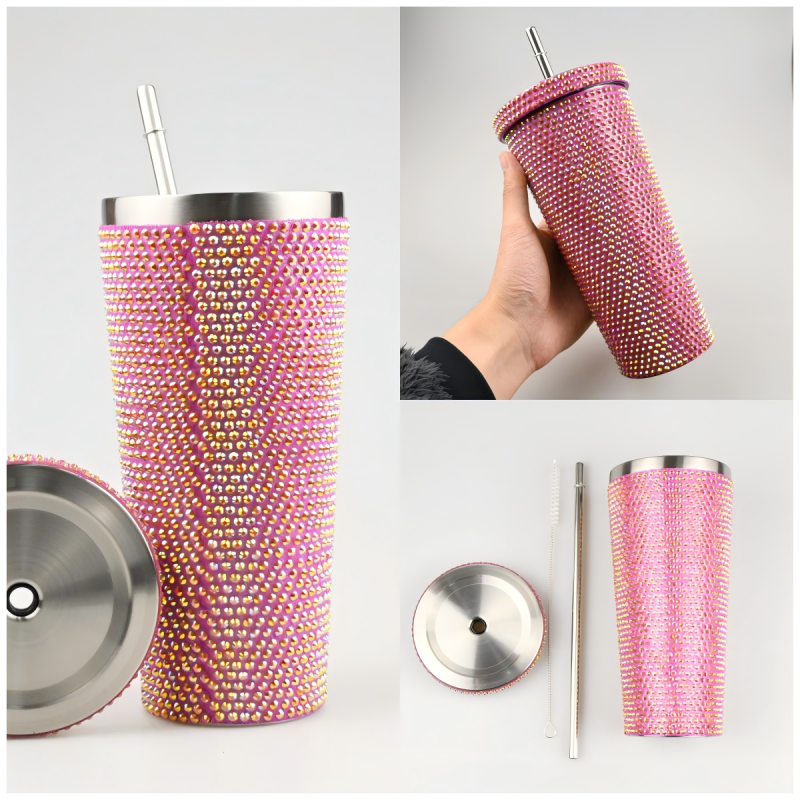 Bling 500ml & 750ml Tumbler Double Wall Insulated Stainless Steel Travel Mug with Lid Straw Vacuum Rhinestone Tumbler for Coffee