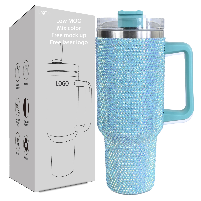 Wholesale Stainless Steel Rhinestone Tumblers Metal Cup 1200ml Travel Coffee Mug 40oz Tumbler With Handle