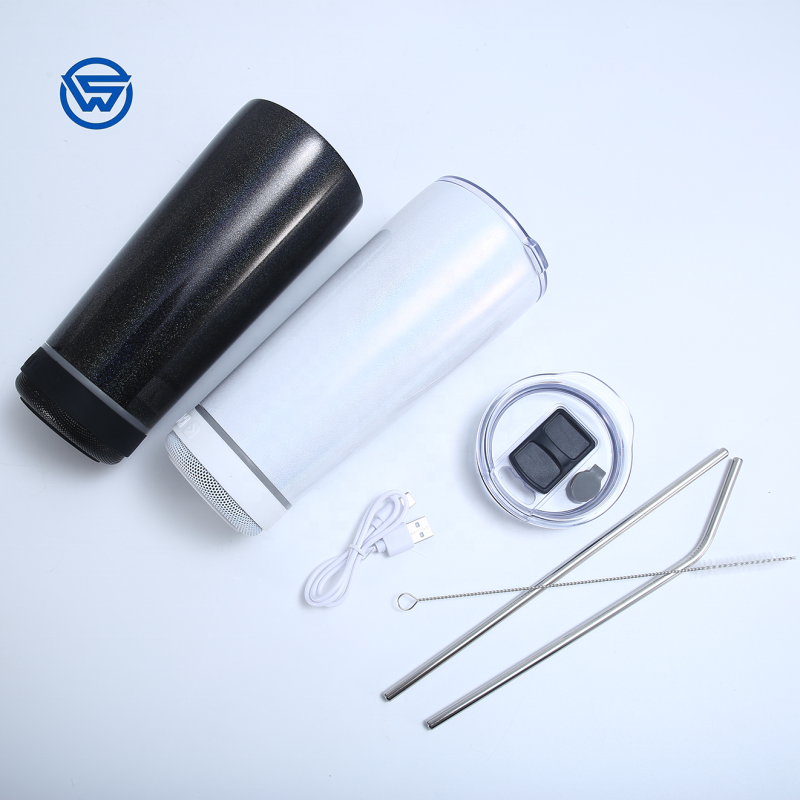 USB Wireless Music Sublimation Gym Mug 20 oz Stainless Steel Tumbler Bluetooth Speaker PP Water Bottle Outdoor Activity Travel