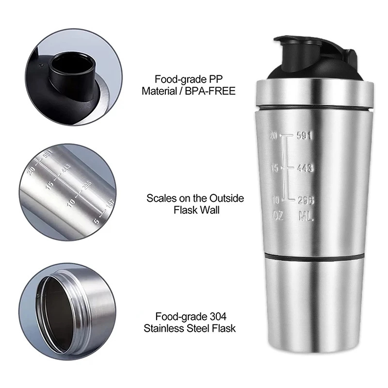 Stainless Steel Portable Nutrition Fitness Sports Protein Shaker with Volume Marking for Gym Sports Fitness Hiking and Camping