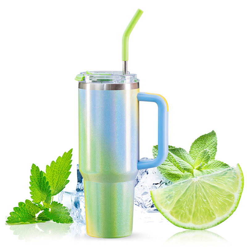 Wholesale Large Capacity Gradient Rainbow Thermos Mug 40oz Green Stainless Steel Handle Cup