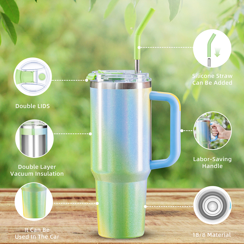 Wholesale Large Capacity Gradient Rainbow Thermos Mug 40oz Green Stainless Steel Handle Cup