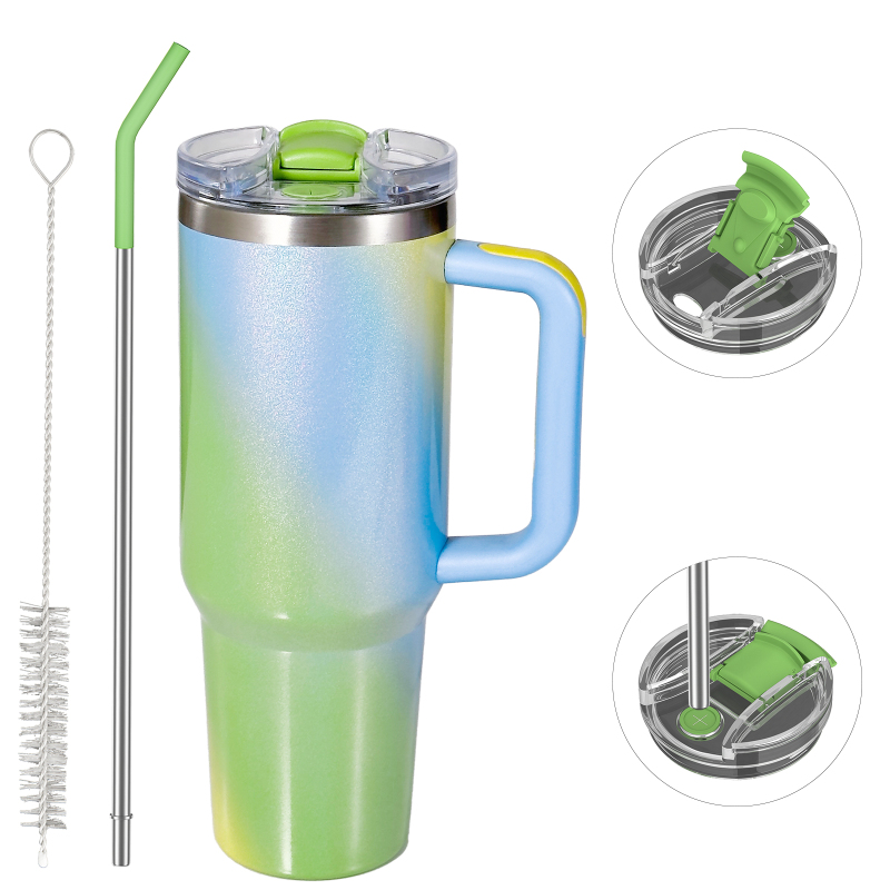 Wholesale Large Capacity Gradient Rainbow Thermos Mug 40oz Green Stainless Steel Handle Cup
