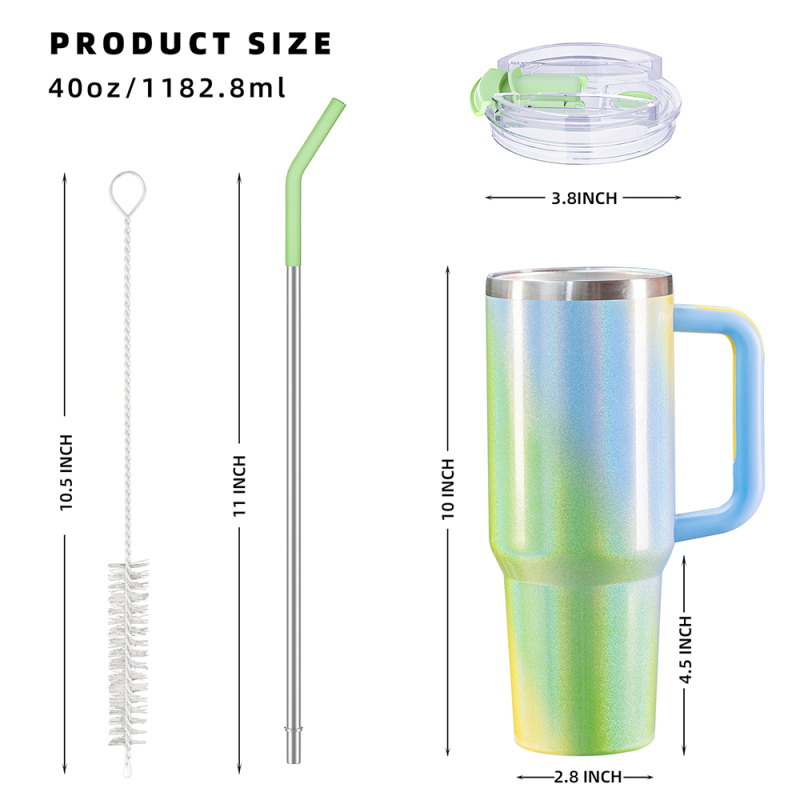 Wholesale Large Capacity Gradient Rainbow Thermos Mug 40oz Green Stainless Steel Handle Cup