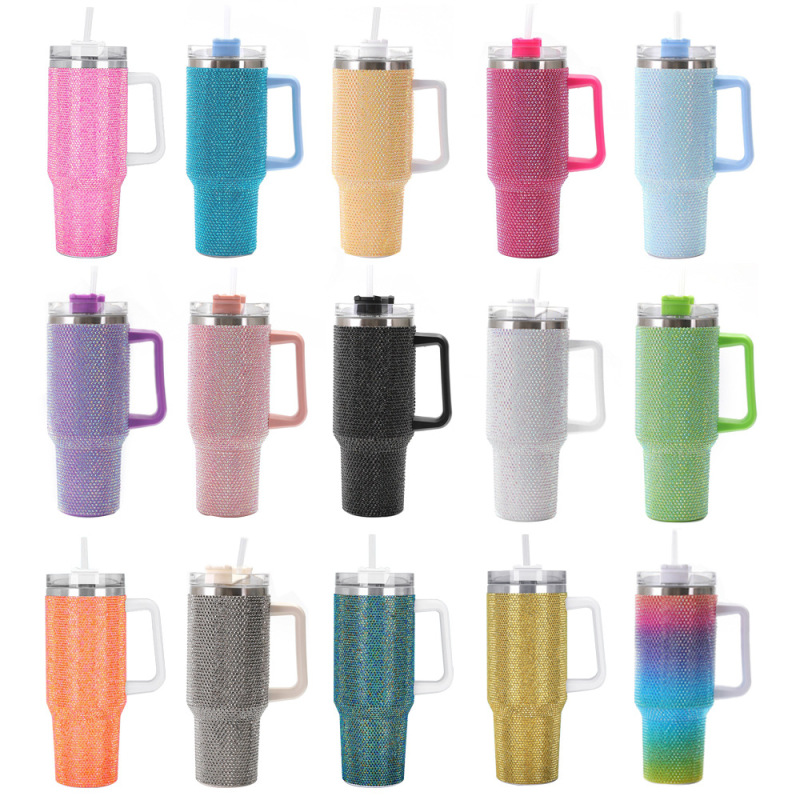 Custom logo 40oz Insulated Bling Stainless Steel Double Wall Water Cup Rhinestone Travel Mug Water Bottle Bling Tumbler