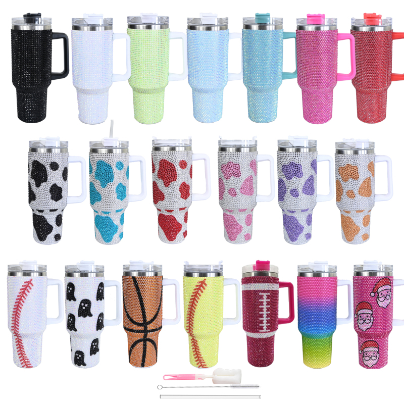 Custom logo 40oz Insulated Bling Stainless Steel Double Wall Water Cup Rhinestone Travel Mug Water Bottle Bling Tumbler