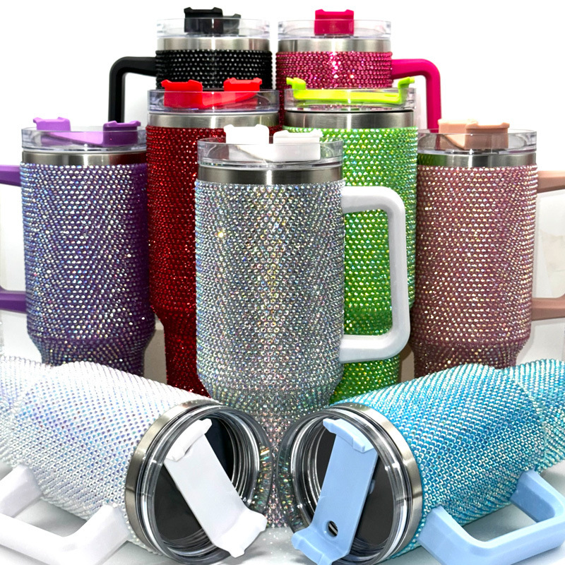 Custom logo 40oz Insulated Bling Stainless Steel Double Wall Water Cup Rhinestone Travel Mug Water Bottle Bling Tumbler