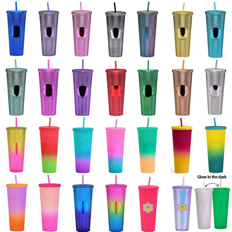 Double Wall 700ml 710ml 24oz Luminous Glowing Plastic Durian Tumbler Durian Cup No logo With Straw
