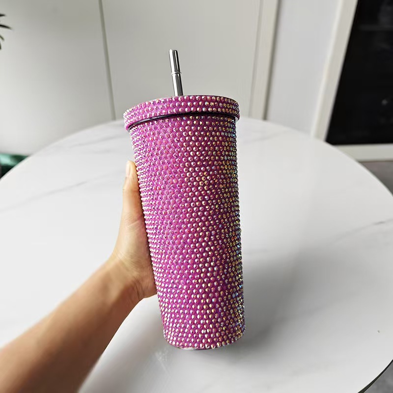 Bling 500ml/750ml Double Wall Insulated Stainless Steel Tumbler Travel Mug Lid Straw Vacuum Rhinestone Coffee Water/Beer Tumbler