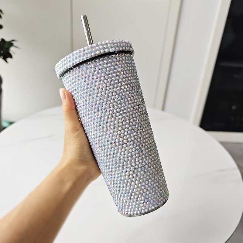 Bling 500ml/750ml Double Wall Insulated Stainless Steel Tumbler Travel Mug Lid Straw Vacuum Rhinestone Coffee Water/Beer Tumbler