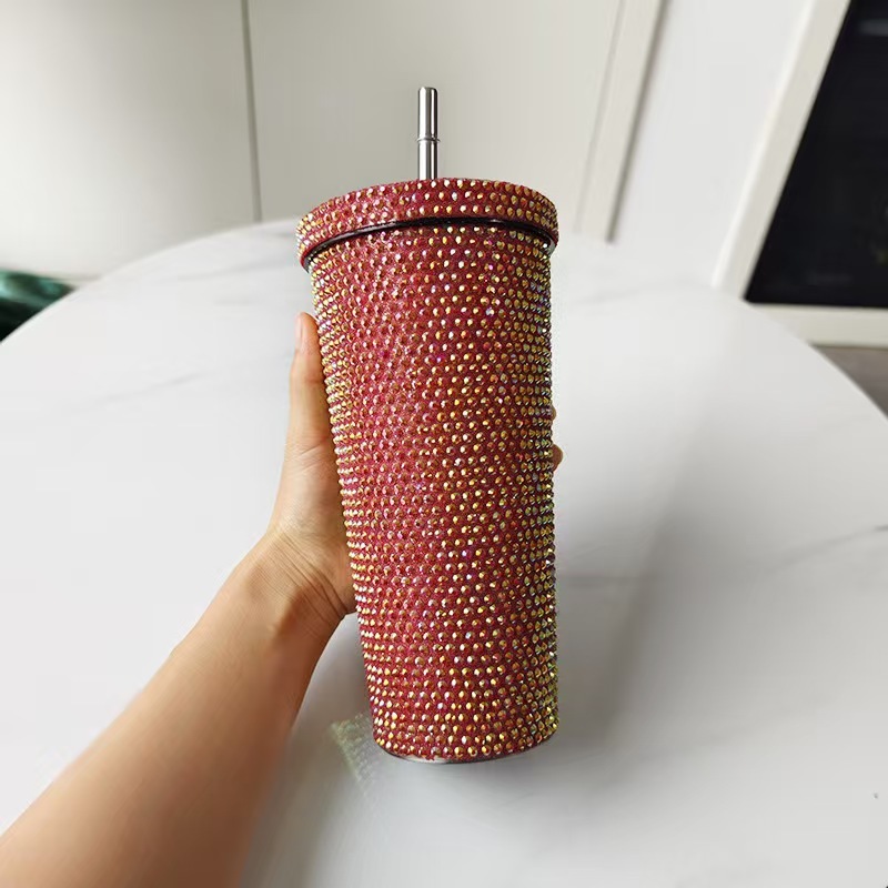 Bling 500ml/750ml Double Wall Insulated Stainless Steel Tumbler Travel Mug Lid Straw Vacuum Rhinestone Coffee Water/Beer Tumbler