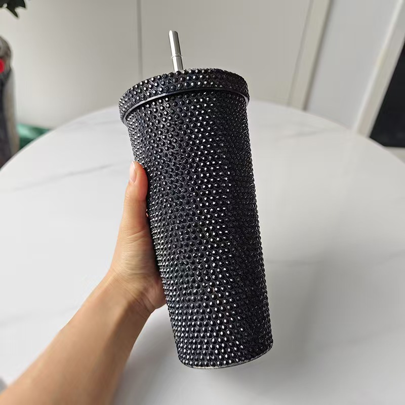 Bling 500ml/750ml Double Wall Insulated Stainless Steel Tumbler Travel Mug Lid Straw Vacuum Rhinestone Coffee Water/Beer Tumbler