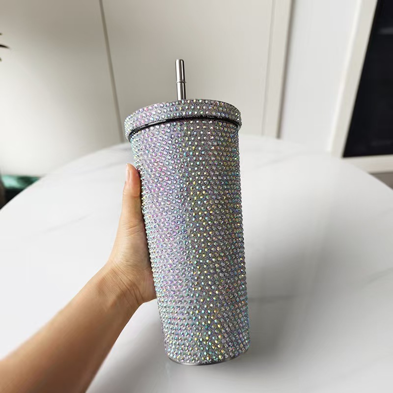 Bling Tumbler 17oz 750ml Double Wall Insulated Stainless Steel Travel Mug Handle Rhinestone Lid Straw for Coffee Tea Wine Gifts