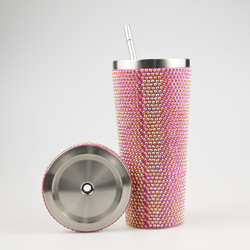 Bling Tumbler 17oz 750ml Double Wall Insulated Stainless Steel Travel Mug Handle Rhinestone Lid Straw for Coffee Tea Wine Gifts