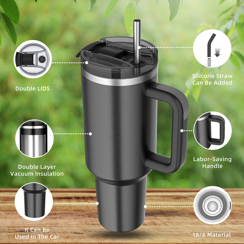 Wholesale 40 oz Stainless Steel Travel Mug Double Wall Vacuum Custom Logo Outdoor Coffee Tumbler Handle Straw Hot American