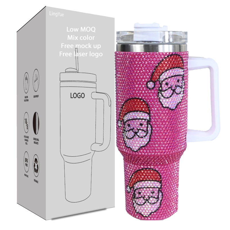 Factory Directly Selling 40oz Rhinestone Tumbler Double Wall Stainless Steel Cup With Handle and Straw