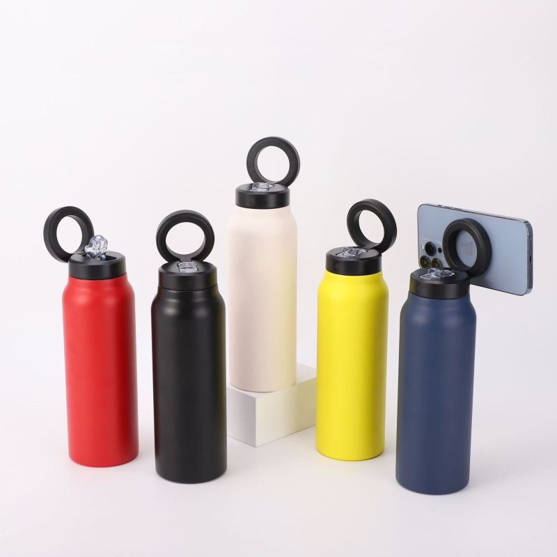 24oz Magnetic Lid Stainless Steel Water Bottle with Straw Sports Insulated Thermos 32oz Vacuum Flask Phone Holder Vacuum