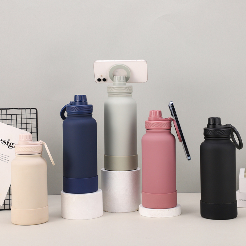 24oz Magnetic Lid Stainless Steel Water Bottle with Straw Sports Insulated Thermos 32oz Vacuum Flask Phone Holder Vacuum