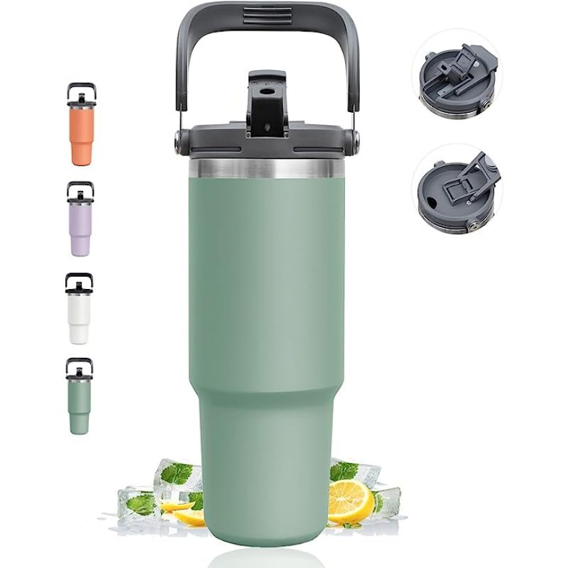 Portable 20oz 30oz Stainless Steel Flip Straw Insulated Travel Coffee Cup Tumbler Handle Leakproof Outdoor Thermal Car Food