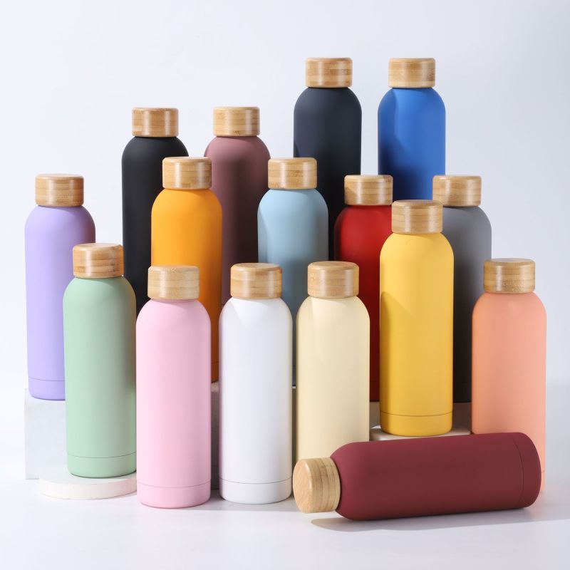 Stainless Steel Small Mouth Water Bottle Wooden Bottle Cap Outdoor Sports Travel Drink Thermos Bottles
