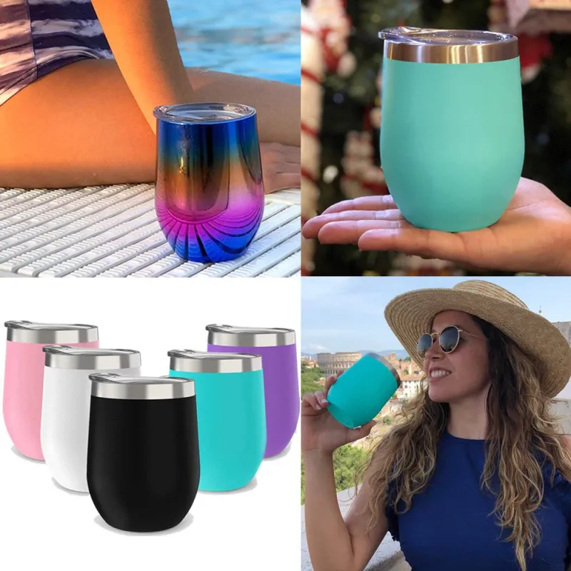 12oz Colorful Travel Coffee Stemless Stainless Steel Wine Glasses Double Wall Vacuum Insulated Thermal Wine Tumbler with Lid