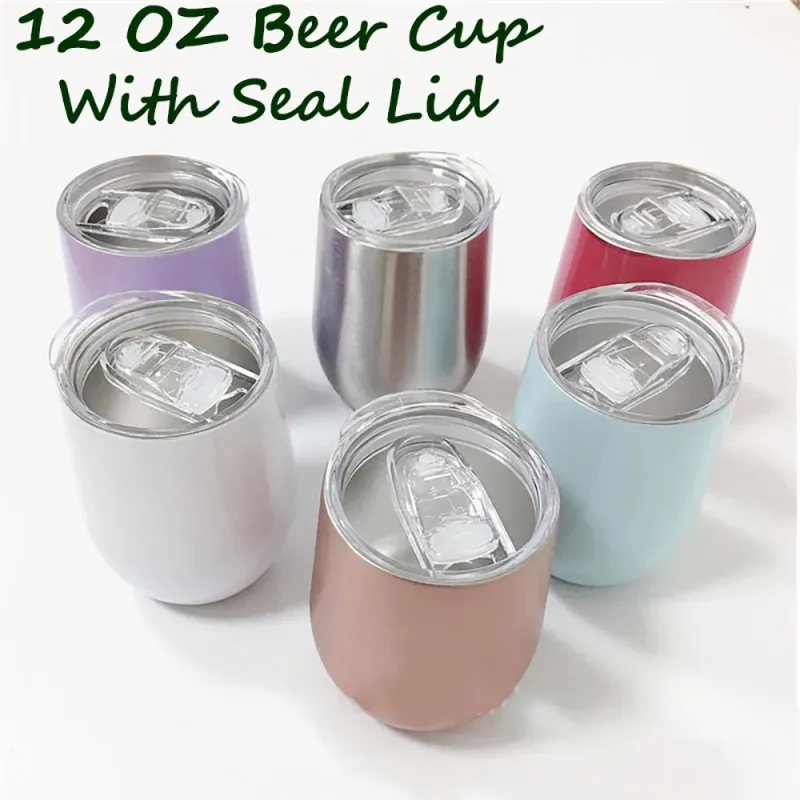 12oz Colorful Travel Coffee Stemless Stainless Steel Wine Glasses Double Wall Vacuum Insulated Thermal Wine Tumbler with Lid
