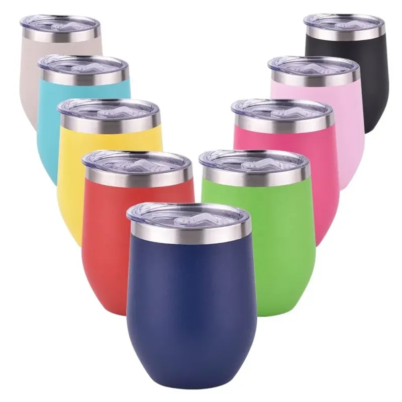 12oz Colorful Travel Coffee Stemless Stainless Steel Wine Glasses Double Wall Vacuum Insulated Thermal Wine Tumbler with Lid