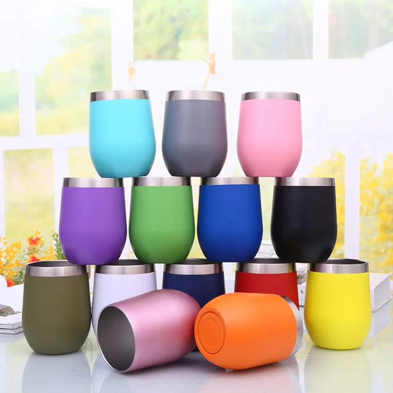12oz Colorful Travel Coffee Stemless Stainless Steel Wine Glasses Double Wall Vacuum Insulated Thermal Wine Tumbler with Lid