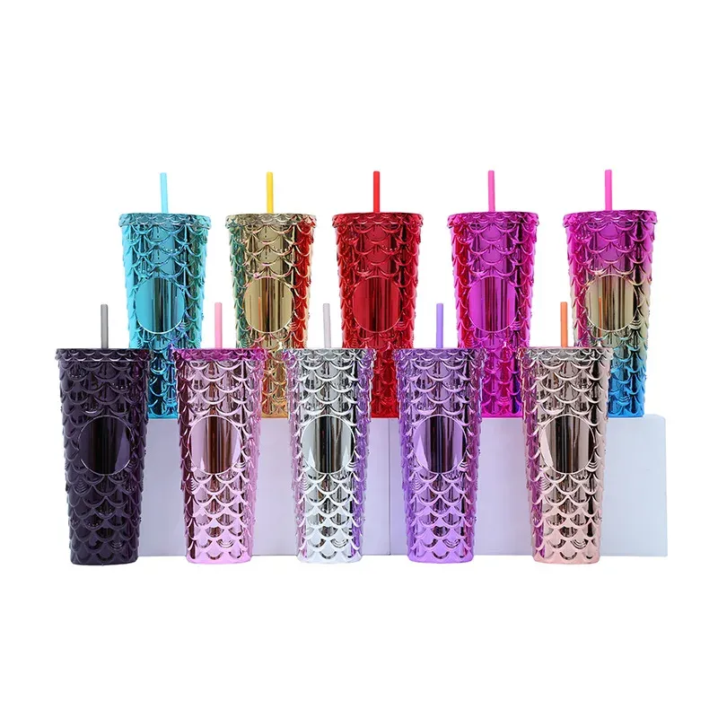 Double Wall DIY 710ml 24oz Plastic Fish Scales Mermaid Tumbler Cup