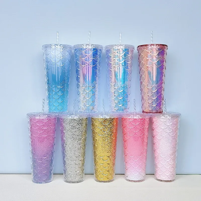 Double Wall DIY 710ml 24oz Plastic Fish Scales Mermaid Tumbler Cup