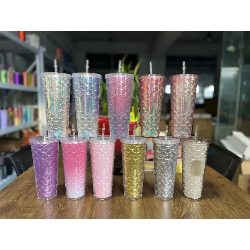 Double Wall DIY 710ml 24oz Plastic Fish Scales Mermaid Tumbler Cup