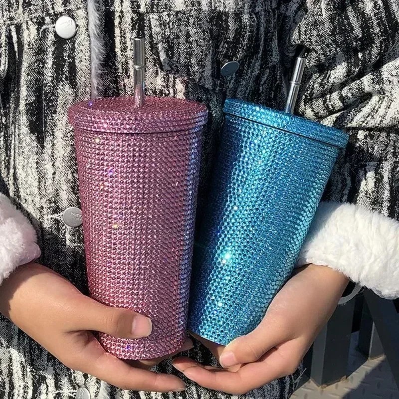 Rhinestone500ml 750ml Double Wall Insulated Stainless Steel BlingTumbler Coffee Travel Mug with Lid and Straw for Water or Beer