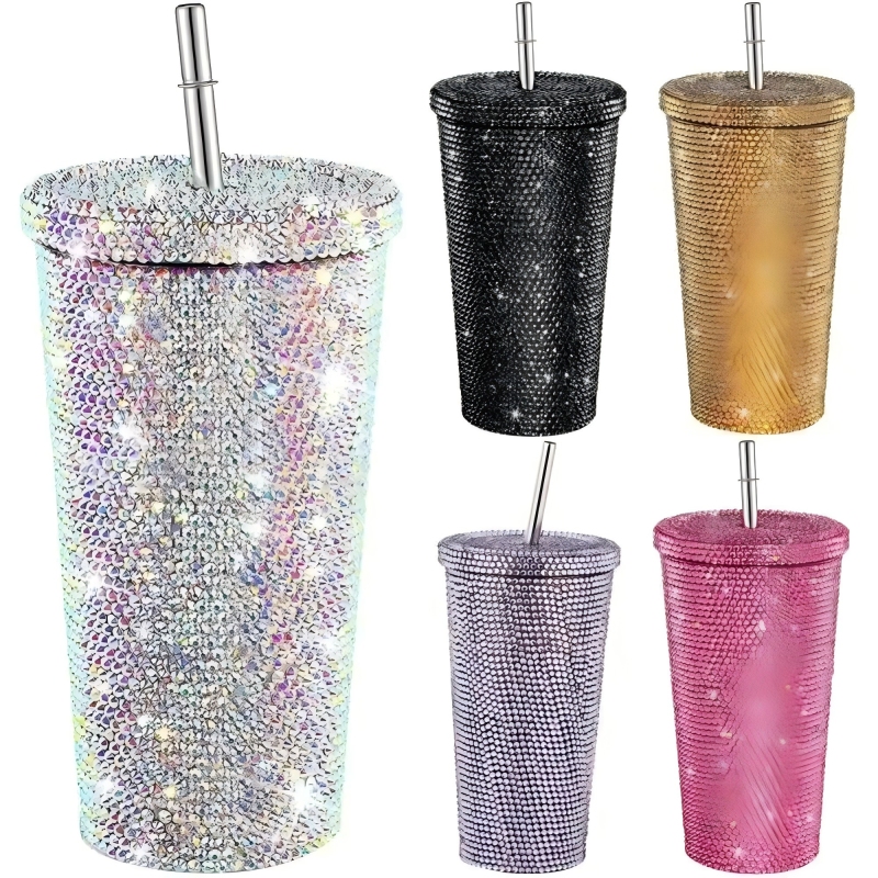 Rhinestone500ml 750ml Double Wall Insulated Stainless Steel BlingTumbler Coffee Travel Mug with Lid and Straw for Water or Beer