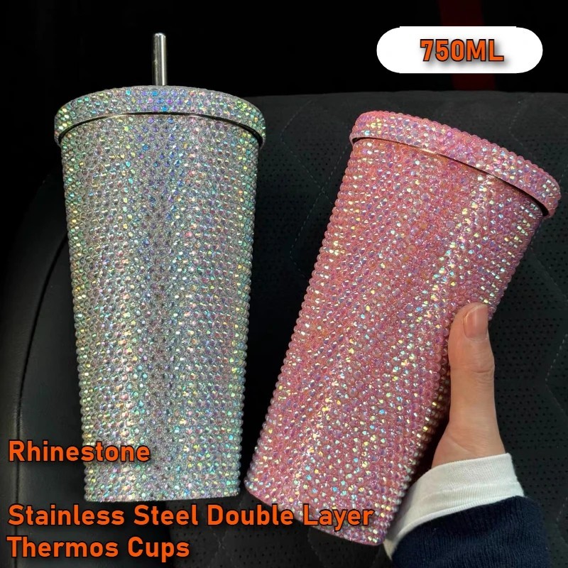 Rhinestone500ml 750ml Double Wall Insulated Stainless Steel BlingTumbler Coffee Travel Mug with Lid and Straw for Water or Beer