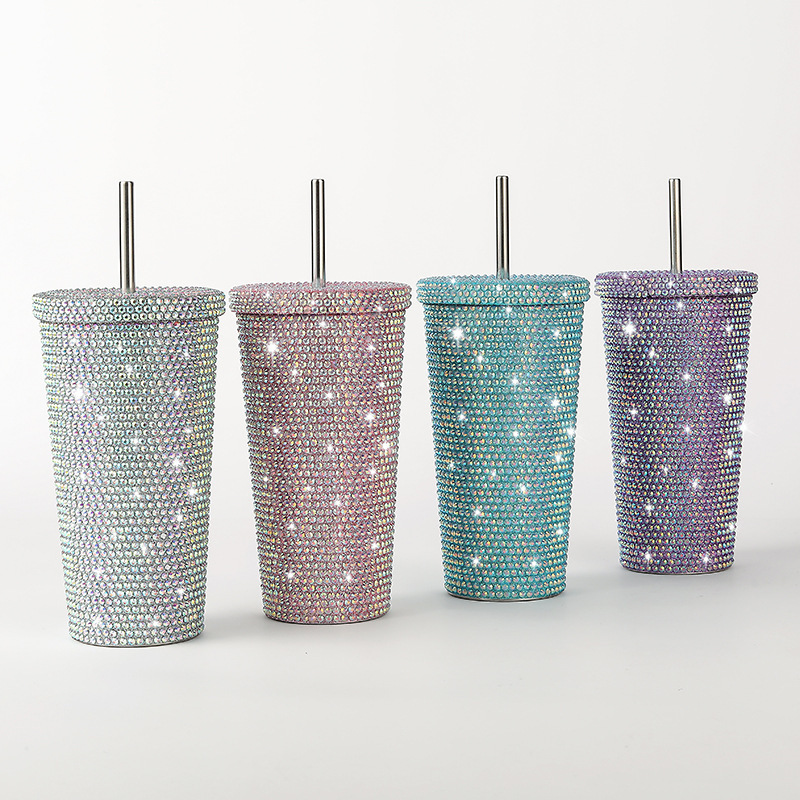 Rhinestone500ml 750ml Double Wall Insulated Stainless Steel BlingTumbler Coffee Travel Mug with Lid and Straw for Water or Beer