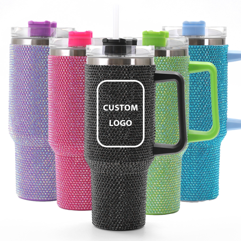 Custom Logo 40oz Insulated Double Wall Stainless Steel Water Cup Modern Bling Tumbler Rhinestones Travel Personalized Bling cup