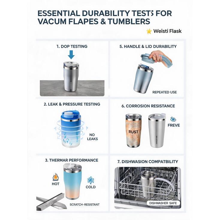 What are the common durability tests performed on vacuum flasks and tumblers?