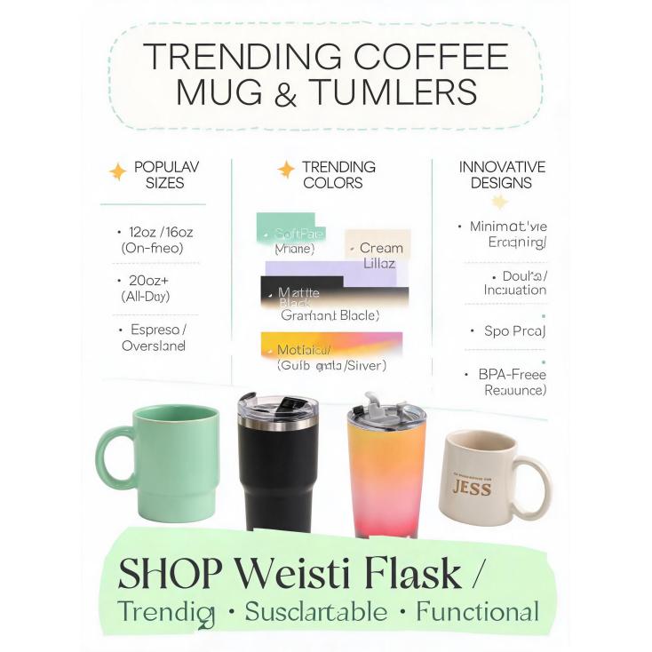 What are the trending sizes, colors, and designs for coffee mugs and tumblers?