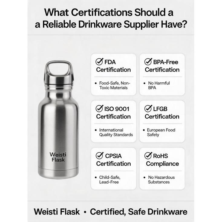 What certifications (like FDA, BPA-free) should a reliable drinkware supplier have?