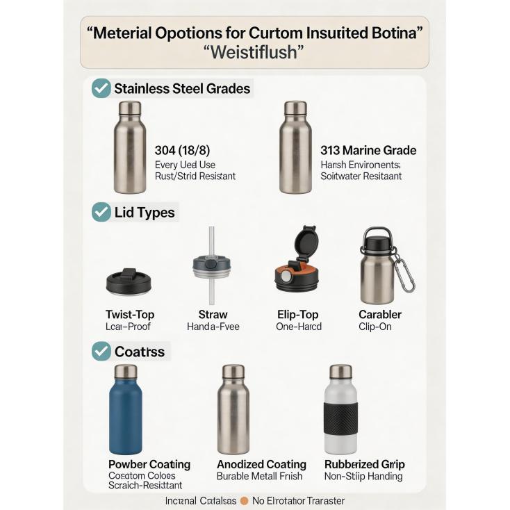 What material options are available for custom insulated bottles (e.g., stainless steel grades, lid types, coatings)?