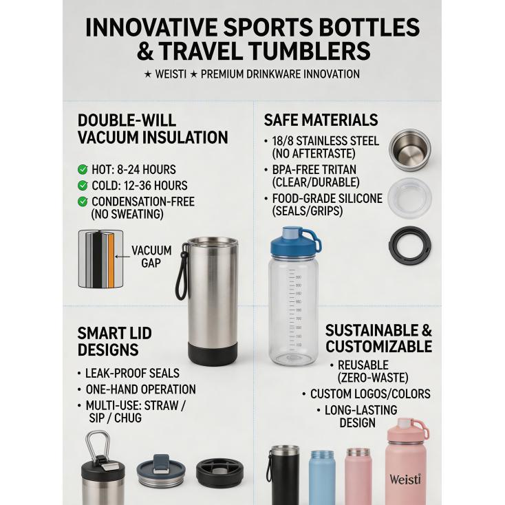 What innovative features are becoming popular in sports bottles and travel tumblers?