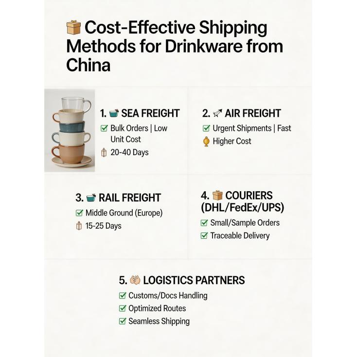 What are the most cost-effective shipping methods for large quantities of drinkware from China?