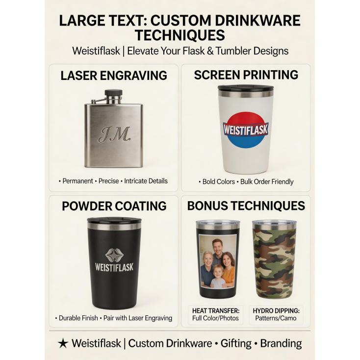 What are the common customization techniques for drinkware (e.g., laser engraving, screen printing, powder coating)?